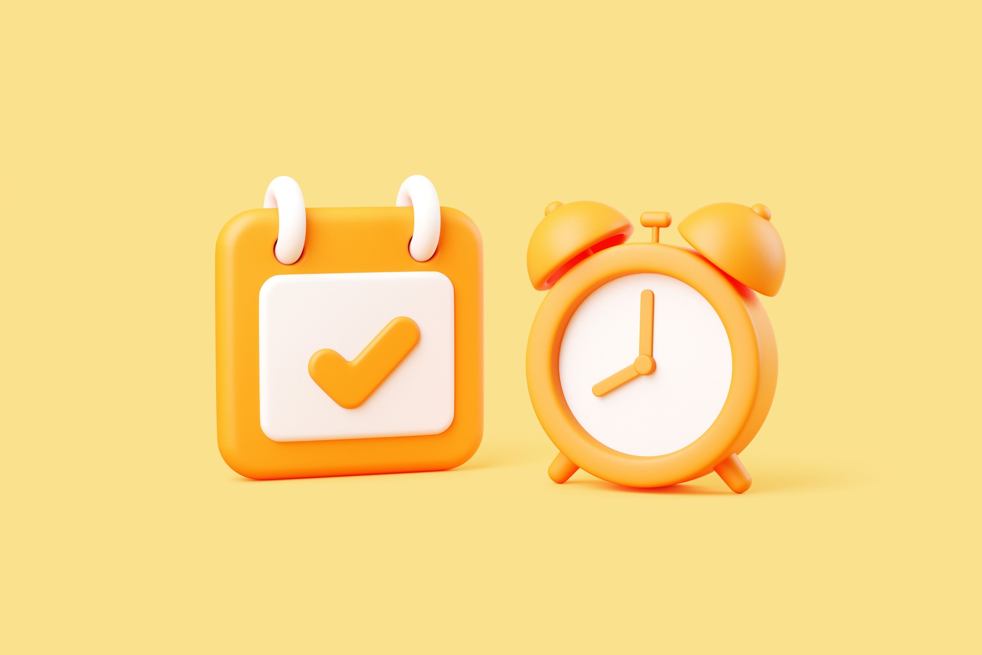 3D calendar and alarm clock icons on yellow background, time management concept