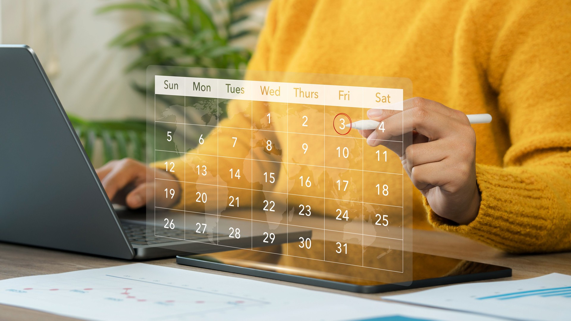 Businesswomen use pen marks on the virtual screen calendar, Business Planning Calendar Agenda work schedule concept, Organize schedules and important dates. plan, goal, calendar